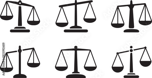 Six black silhouettes of scales of justice icons on a white background vector illustration