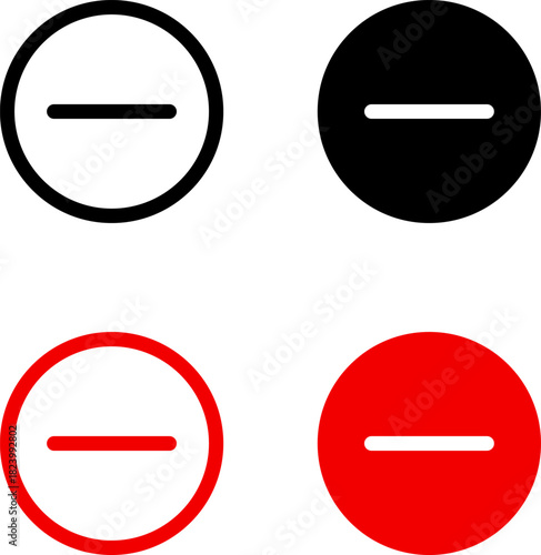 Minus remove icon set. Stop sign. Horizontal line, dash inside circle outline and solid for delete actions, reduce functions, deletion, quantity adjustment, interface controls. Vector PNG JPG