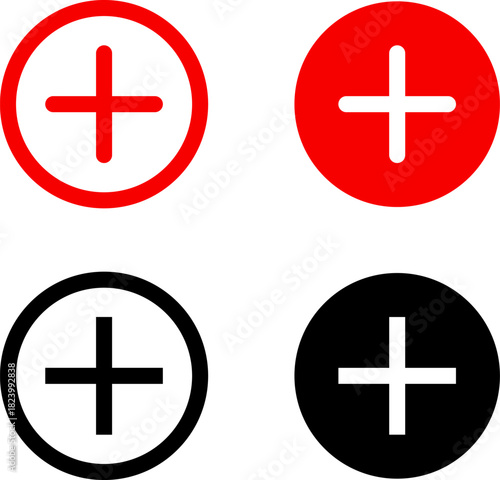 Plus add icon set. Positive sign. Horizontal line with vertical bar, plus symbol inside circle outline and solid for add actions, increase functions, quantity adjustment, interface controls.