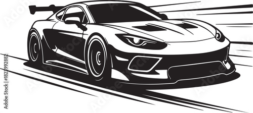 Stylized black and white illustration of a sleek sports car with motion blur lines, conveying speed and power