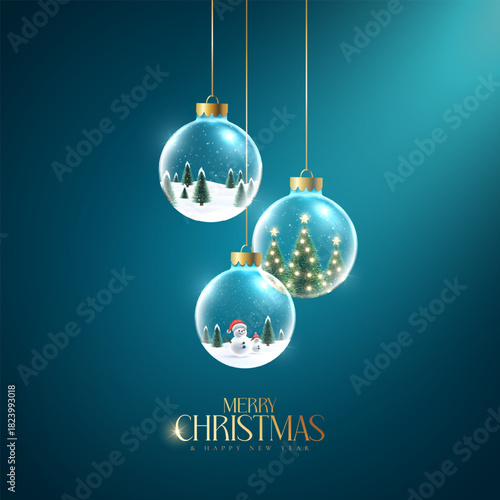 Christmas ornaments with snowy scenes and glowing festive winter trees. Merry Christmas wish snowy background. Snowdrifts. Snowfall Cold weather. Winter season with 3D cheerful snowman.