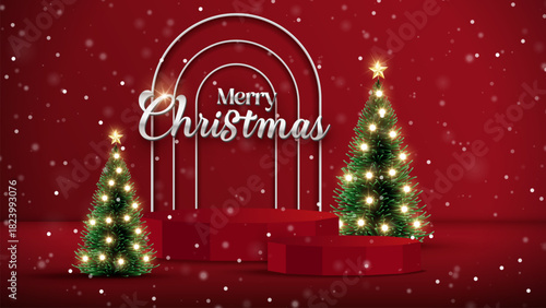 Christmas ornaments with snowy scenes and glowing festive winter trees. Merry Christmas wish snowy background. Snowdrifts. Snowfall Cold weather. Winter season with 3D cheerful snowman.