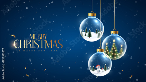 Christmas ornaments with snowy scenes and glowing festive winter trees. Merry Christmas wish snowy background. Snowdrifts. Snowfall Cold weather. Winter season with 3D cheerful snowman.