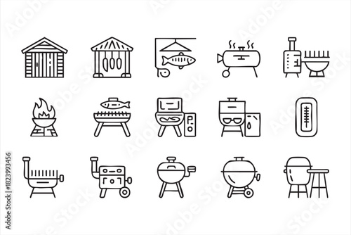 Outdoor barbecue and smoker line art icon set