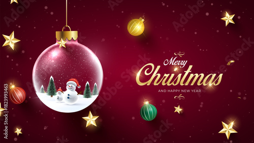 Christmas ornaments with snowy scenes and glowing festive winter trees. Merry Christmas wish snowy background. Snowdrifts. Snowfall Cold weather. Winter season with 3D cheerful snowman.