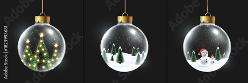 Merry Christmas wish snowy background. Snowdrifts. Snowfall Cold weather. Winter season with 3D cheerful snowman and baby snowman. 3 different Christmas hanging balls with holiday sale banner design.