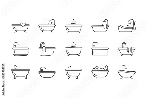 Bathtub and shower outline icon collection