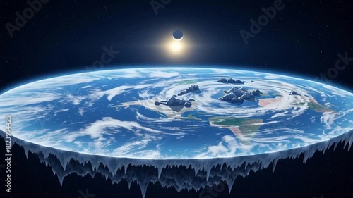 Flat Earth Visualization with Rising Sun and Night Sky