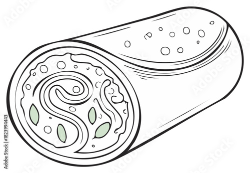 Vector illustration of a sliced burrito or wrap with fillings in black and white.