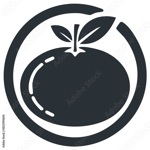 Simple Dark Orange Fruit Icon with Leaves Inside a Circle