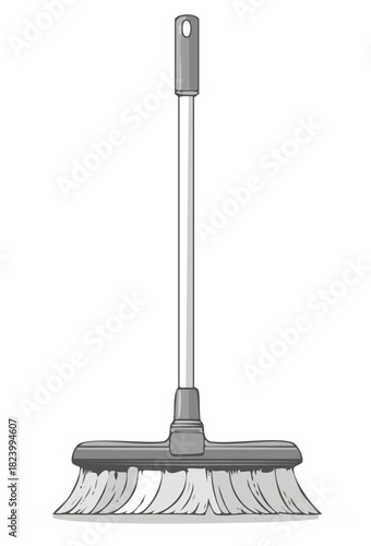 Illustrated gray broom with handle and white bristles for sweeping floors and cleaning dirt, debris and spills