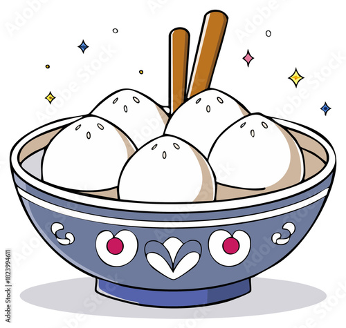 Delicious bowl of white mochi with decorative chopsticks and sparkling stars