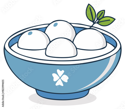 Delicious sweet dumplings in a blue bowl with green leaf garnish Asian dessert flat design