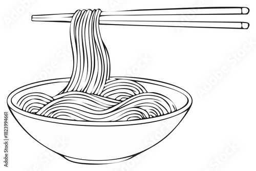 Black and white line art illustration of chopsticks picking up ramen noodles from a bowl