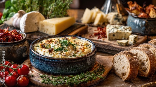 Baked cheesy gratin served with bread, cheese, and herbs