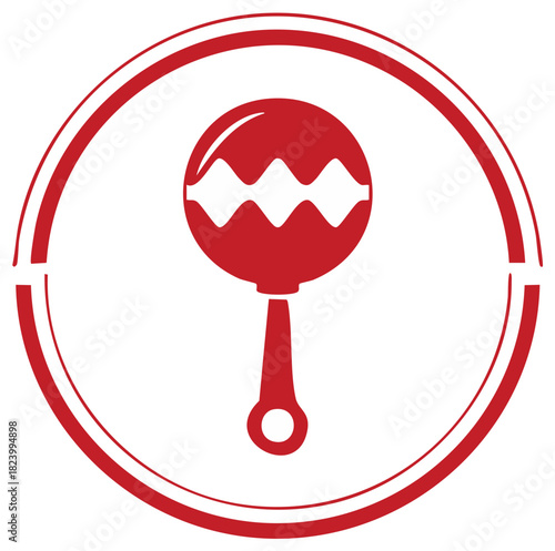 Vibrant red maraca percussion instrument icon within a stylish circular border design