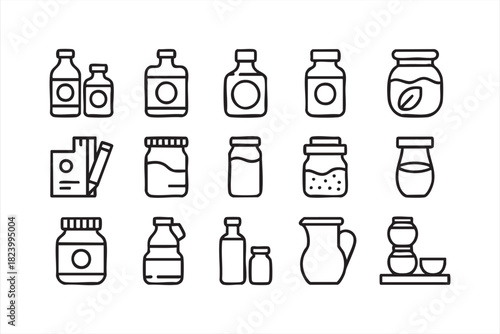 Outline icons of pantry containers for cooking, recipes and kitchen organization