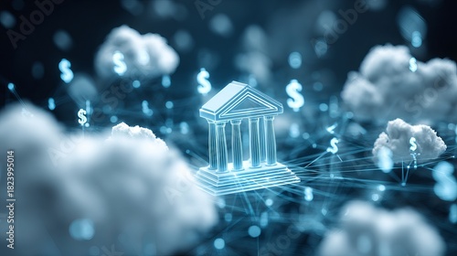 Digital banking innovation with cloud technology, showing a modern bank building and dollar currency symbols floating above the clouds for finance solutions