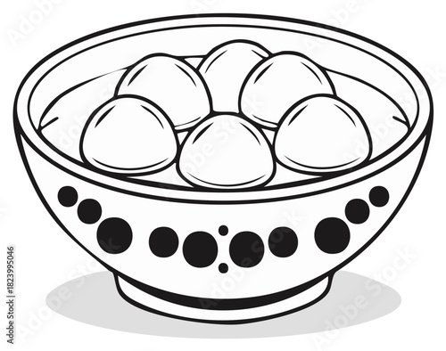 Bowl of Tangyuan glutinous rice balls in sweet soup, a traditional Asian dessert line art illustration