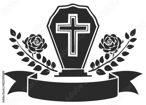 Funeral Announcement Design with Christian Cross Coffin Roses and Ribbon