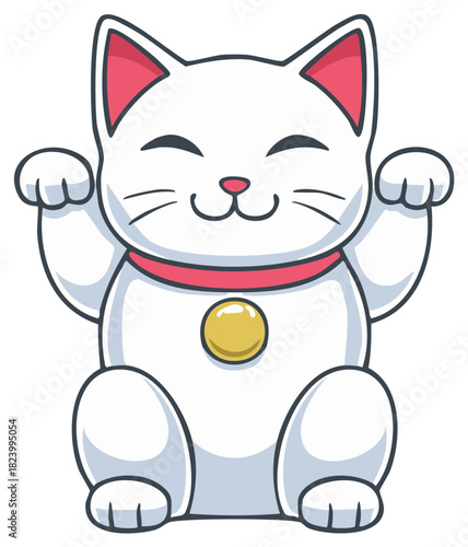 Lucky Cat Beckoning with Raised Paw Bringing Fortune and Prosperity Mascot Illustration