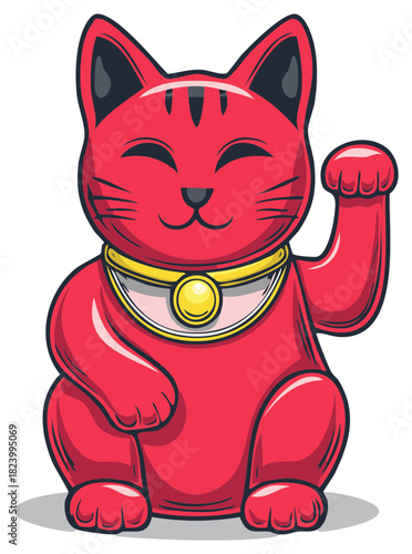 Stylized Red Lucky Cat Beckoning Success Cartoon Asian Charm Icon