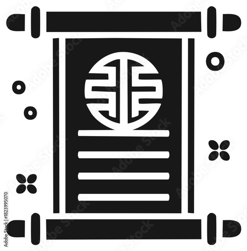 Traditional Asian scroll icon with a cultural symbol representing wisdom and longevity