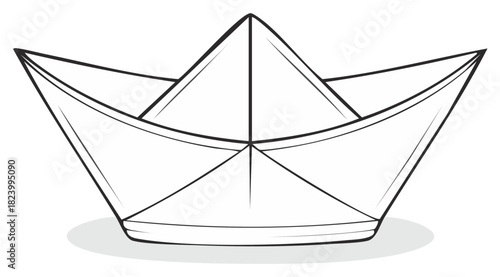 Origami paper boat black and white line art vector illustration
