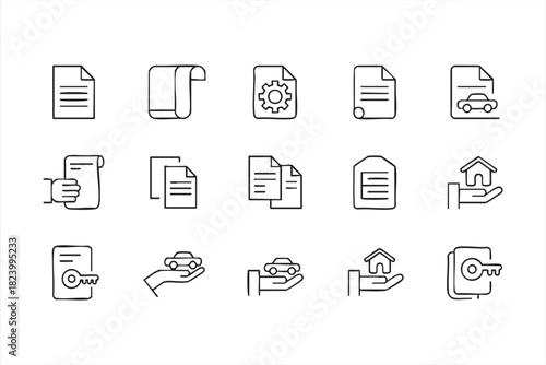 Legal document and contract icon set for business, property and vehicle agreements
