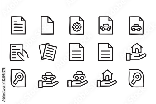 Line art paperwork and ownership symbols for car and home asset management