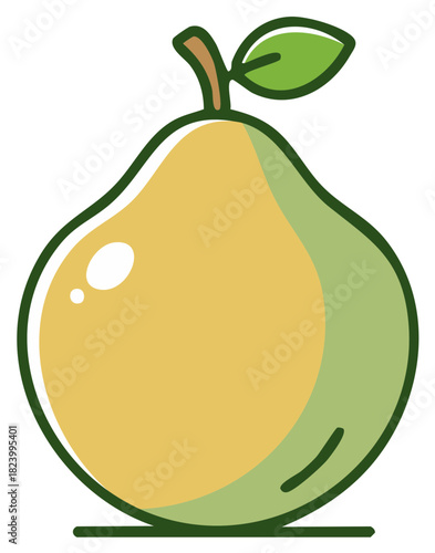 Stylized pear illustration with leaf and stem outlined in green, ripe yellow pear for fruit icon, food concept