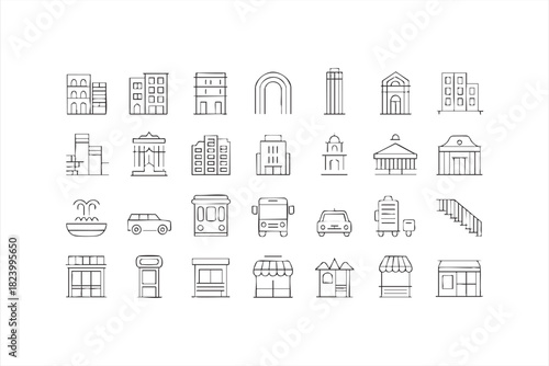 Urban building and public transport icon set for city planning and infrastructure design
