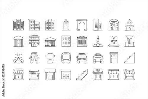Minimal skyline, architecture and vehicle icons for municipal and real estate graphics