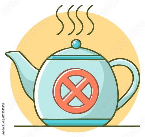 Cartoon teapot with steam and prohibition symbol. Concept of hot beverages restrictions.