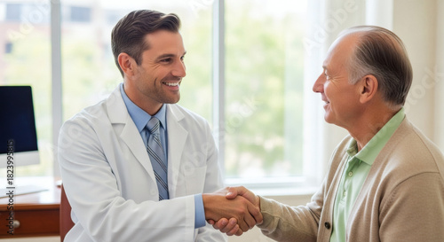 Wallpaper Mural Smiling doctor and senior patient shake hands in modern office, building trust and rapport with compassionate medical care, promoting health and wellness Torontodigital.ca