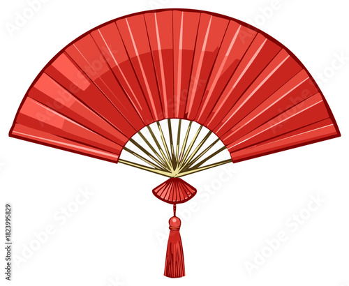 Elegant open red Asian hand fan with a decorative tassel vector illustration