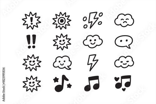 Fun doodle emotion and expression icons for playful communication graphics