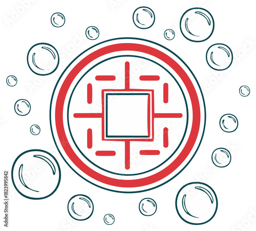 Traditional Chinese coin symbol with radiating lines and surrounding bubbles