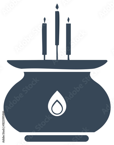 Stylized three lit candles in a dark blue ornate pot with flame symbol