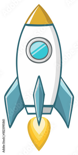Cartoon rocket ship with porthole and flames, space travel concept