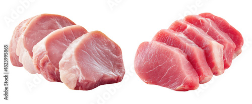 Set of fresh raw meat cuts, thick-cut pork tenderloin, isolated on transparent background. Fresh meat for cooking, food preparation, and advertisement.