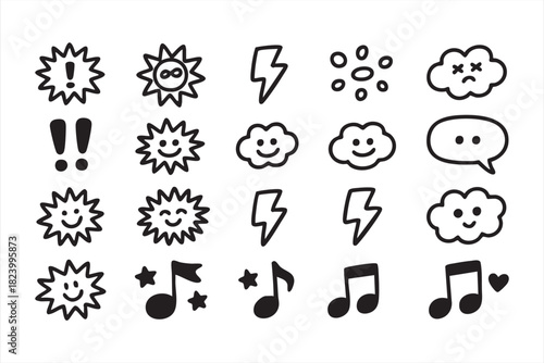 Cartoon clouds, lightning and smiley symbols for mood and reaction design