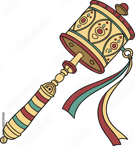 Tibetan prayer wheel with colorful ribbons isolated on black background