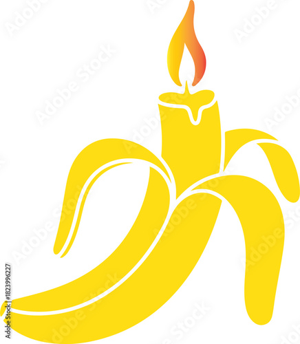Surreal banana with a lit candle on top illustration