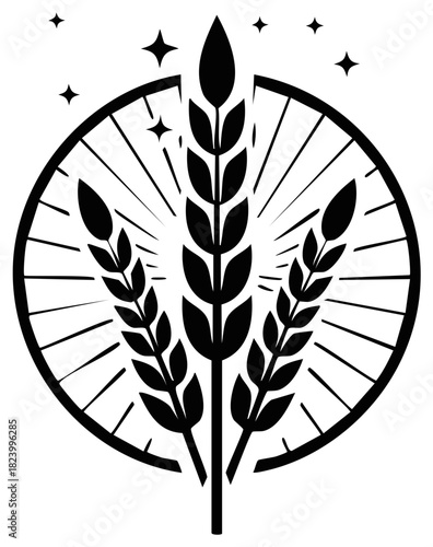 Stylized Black and White Emblem Featuring Wheat Stalks Within a Circular Sunburst and Star Pattern