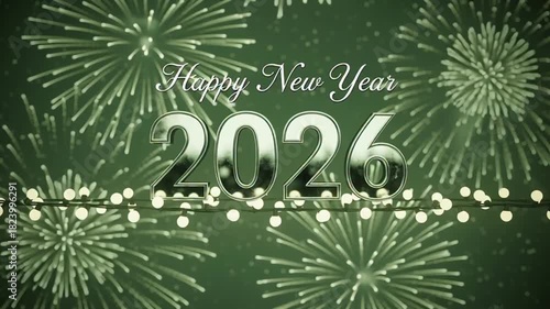 Celebrating New Year 2026 with Fireworks and Festive Atmosphere in Green Background