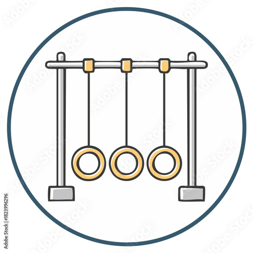Gymnastic rings on a metal frame, hanging workout rings, athletic exercise, strength training, and fitness concept illustration