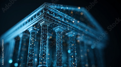 Stunning digital courthouse with glowing wireframe design for innovative legal technology solutions and modern financial services branding projects