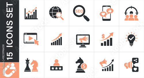 A set of marketing and SEO icons. Business growth and marketing strategy icons. Including business 
growth, marketing, SEO, strategy, and success