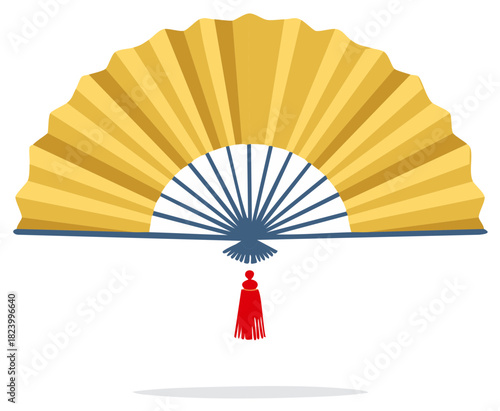Elegant golden yellow traditional Asian style folding fan with decorative red tassel accent